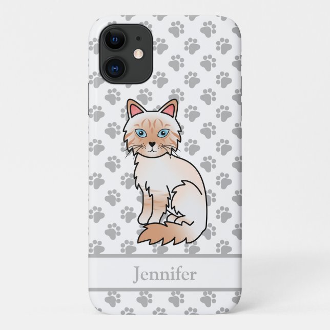 Capa Para iPhone 11 Gato Birman / Ragdoll Tabby Ponto Vermelho & Nome (Verso)