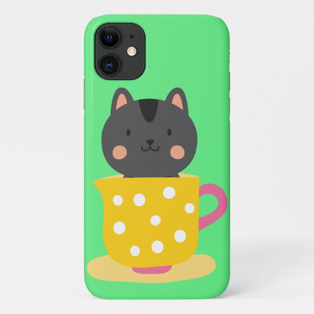 Capa Para iPhone 11 Gato bonito na caricatura do teacup na menta (Verso)