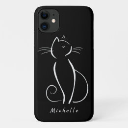 Capa Para iPhone 11 Gato Branco Minimizado em Preto Nome Adicionar