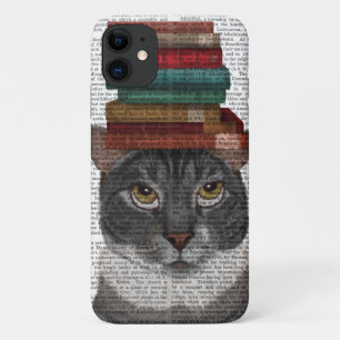 Capa Para iPhone 11 Gato cinza com Livros na Cabeça