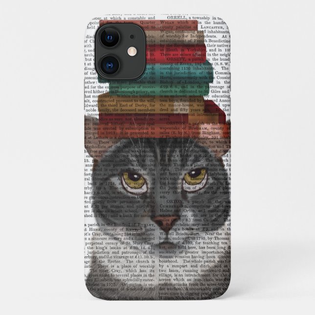 Capa Para iPhone 11 Gato cinza com Livros na Cabeça (Verso)