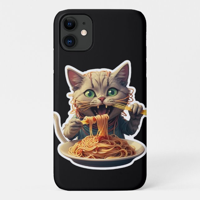 Capa Para iPhone 11 Gato Comendo Espaguete (Verso)