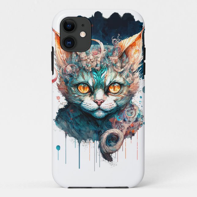 Capa Para iPhone 11 Gato de aquarela no estilo steampunk (Verso)