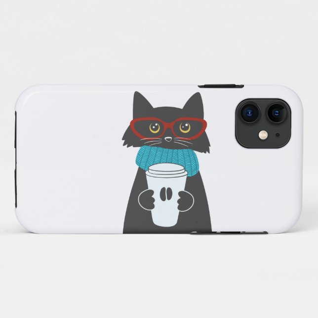 Capa Para iPhone 11 Gato de vidro segurando uma xícara de café (Verso (horizontal))
