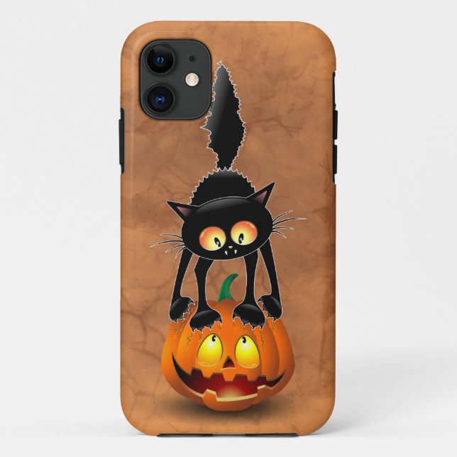 Capa Para iPhone 11 Gato Halloween Caricatura Assustada na Pumpkin (Verso)