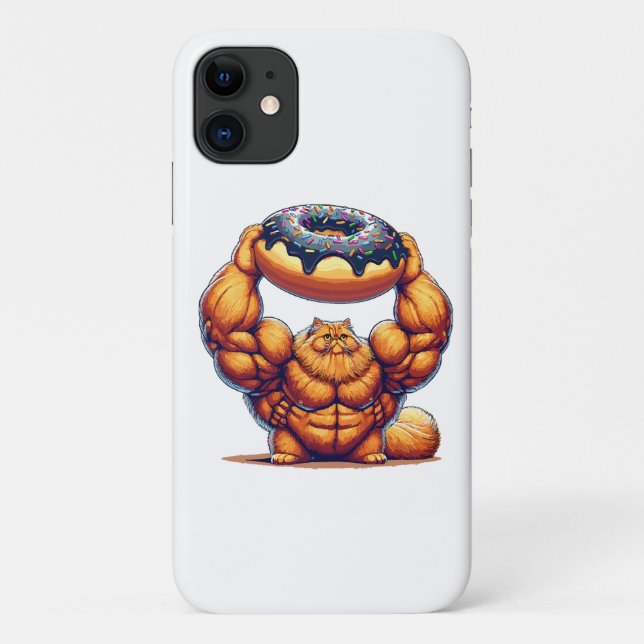 Capa Para iPhone 11 Gato Musculoso Levantando Donut (Verso)