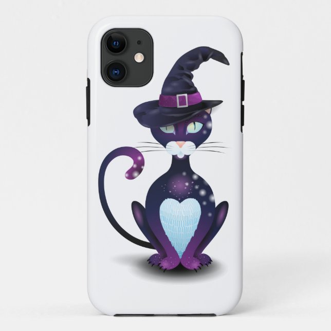 Capa Para iPhone 11 Gato negro com chapéu de bruxa (Verso)