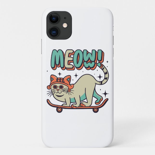 Capa Para iPhone 11 Gato Patinando Meow (Verso)