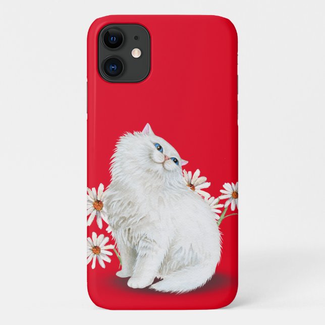Capa Para iPhone 11 Gato persa branco com margarida (Verso)