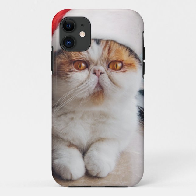 Capa Para iPhone 11 Gato persa maravilhoso com chapéu de Papai Noel (Verso)