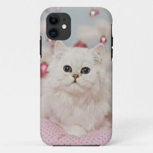 Capa Para iPhone 11 Gato persa que senta-se no travesseiro cor-de-rosa