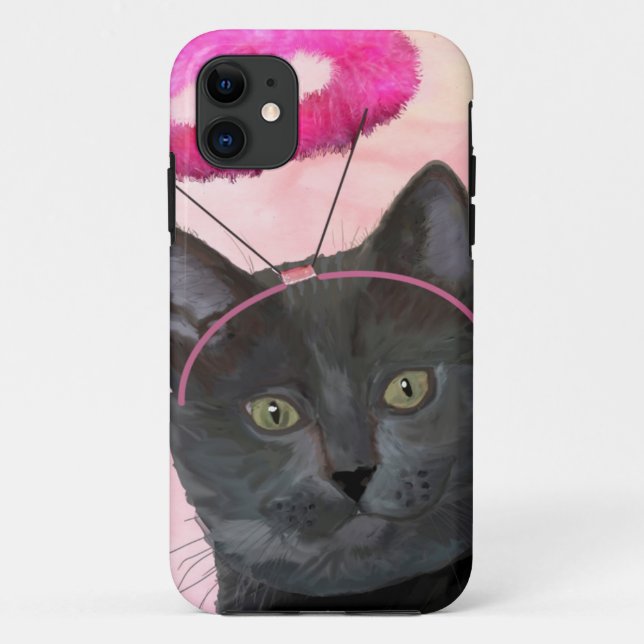 Capa Para iPhone 11 Gato Preto Com Anjo Rosa Halo (Verso)