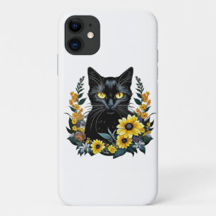 Capa Para iPhone 11 gato preto com flores