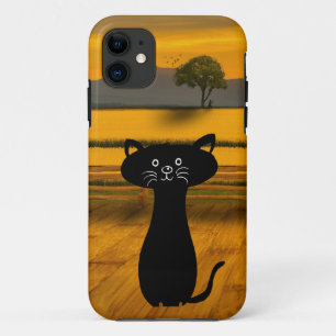 Capa Para iPhone 11 Gato Preto Curioso Curioso Com Fundo Sol Definido