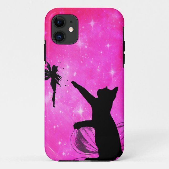 Capa Para iPhone 11 Gato Rosa Perseguindo Fada (Verso)