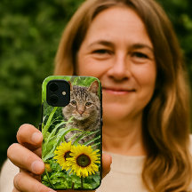 Gato sentado no jardim com girassóis