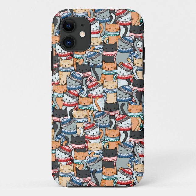 Capa Para iPhone 11 Gatos no padrão de escarpas e chapéus de inverno (Verso)
