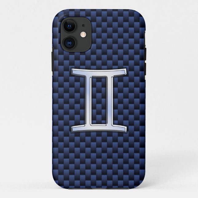 Capa Para iPhone 11 Gemini Zodiac Sinal no Marinho Blue Carbon Fibra I (Verso)