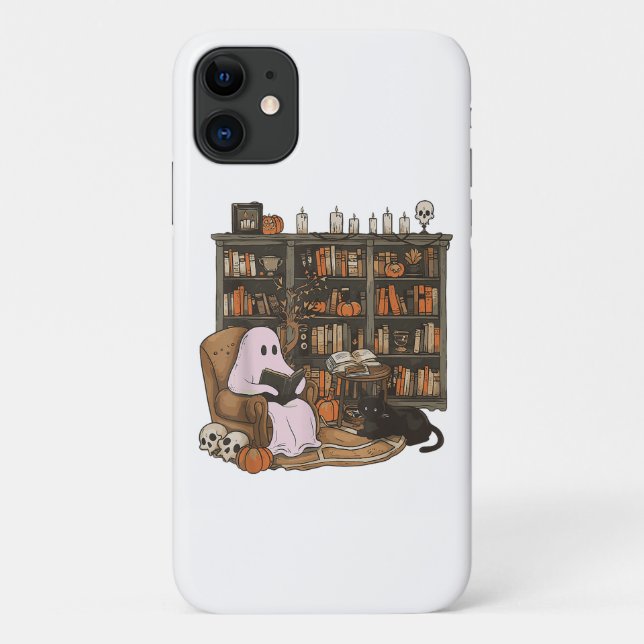Capa Para iPhone 11 Ghost Reading Book Cat lover Halloween (Verso)