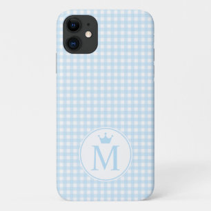 Capa Para iPhone 11 Gingham Azul Bebê com Monograma Coroa Azul.