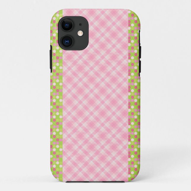 Capa Para iPhone 11 Ginham e pontos rosa (Verso)