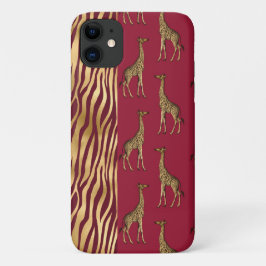 Capa Para iPhone 11 Giraffe e Tiger - Impressão Dourado Burgundy Red C