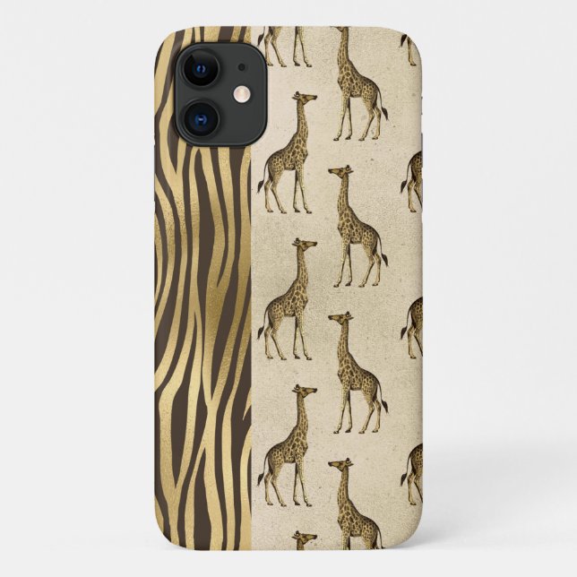 Capa Para iPhone 11 Giraffe & Tiger Impressão Dourado Castanho Bonito (Verso)