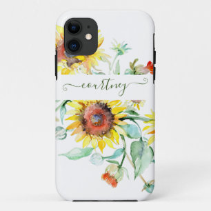Capa Para iPhone 11 Girassóis aquarela personalizados