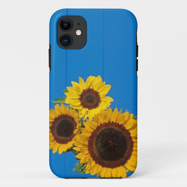 Capa Para iPhone 11 Girassóis contra cerca azul (Verso)