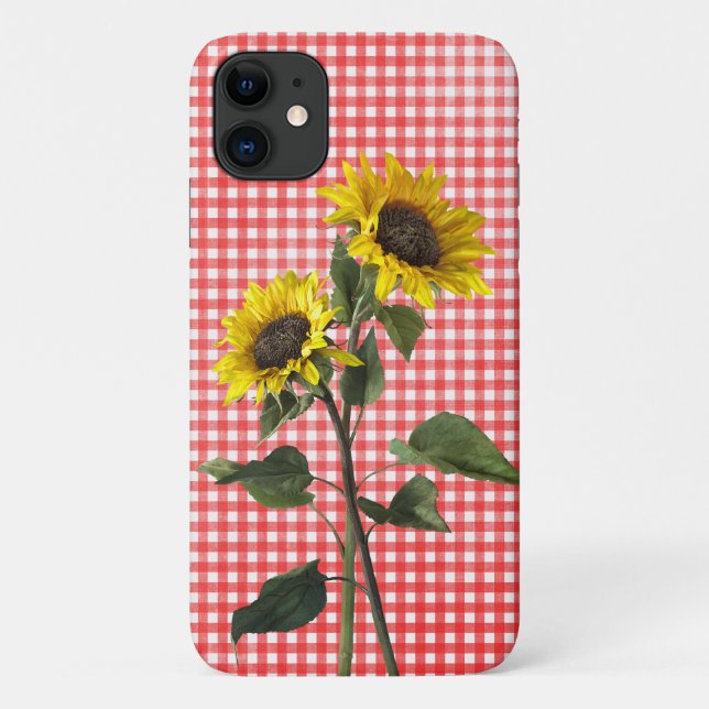 Capa Para iPhone 11 Girassóis em gingham vermelho (Verso)