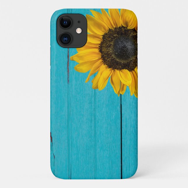 Capa Para iPhone 11 girassol amarelo na madeira (Verso)