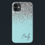Capa Para iPhone 11 Girly Aqua Blue Silver Monograma<br><div class="desc">Garota Aqua Blue Silver Faux Sparkle e Derrubando o nome do monograma de metal escovado com brilho e o telefone inicial. Isto faz o doce e perfeito aniversário de 16 anos, casamento, chá de panela, aniversário, chá de fraldas ou festa de solteira presente para alguém que ama luxo de luxo...</div>