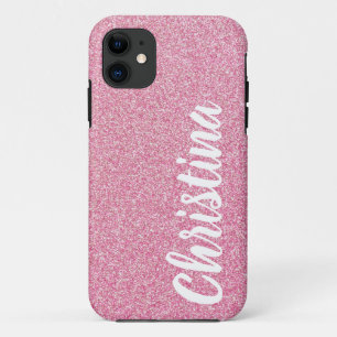 Capa Para iPhone 11 Girly Baby Pink Glitter Name Personalizado