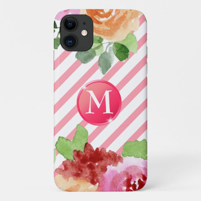 Capa Para iPhone 11 Girly Floral Stripes Monograma Personalizado (Verso)