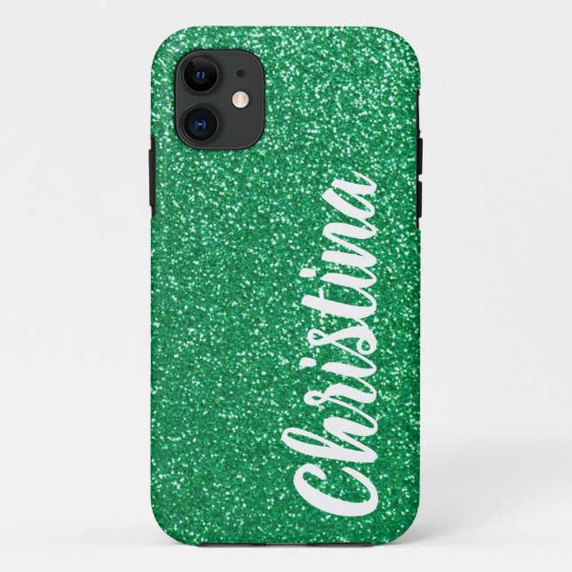 Capa Para iPhone 11 Girly Green Glitter Name Personalizado (Verso)