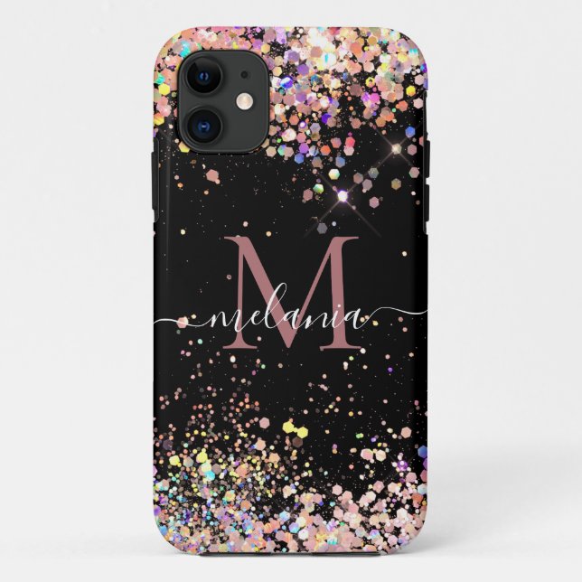 Capa Para iPhone 11 Girly Holographic Glitter Monographic Name Black (Verso)