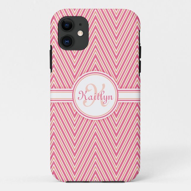 Capa Para iPhone 11 Girly Pink Chevron com Monograma (Verso)