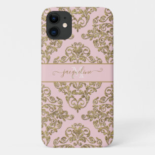 Capa Para iPhone 11 Girly Pink Gold Glitter Damask Monogramas