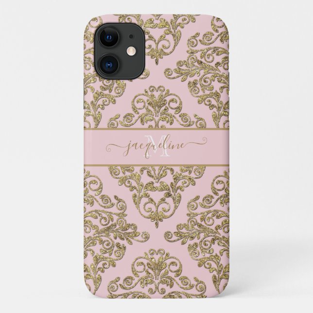 Capa Para iPhone 11 Girly Pink Gold Glitter Damask Monogramas (Verso)