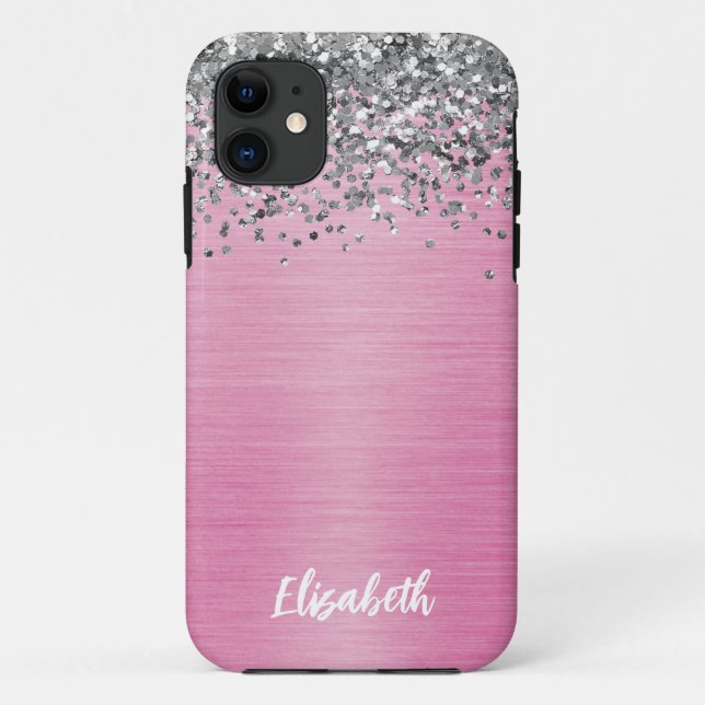 Capa Para iPhone 11 Girly Pink Sparkle Glitter Monographic Name (Verso)