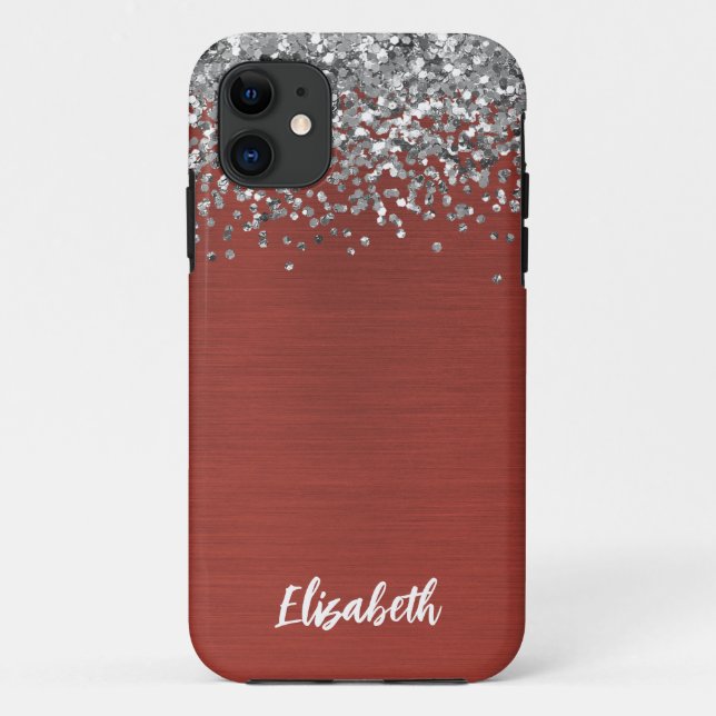 Capa Para iPhone 11 Girly Silver Sparkle Glitter Monograma Name Case-M (Verso)