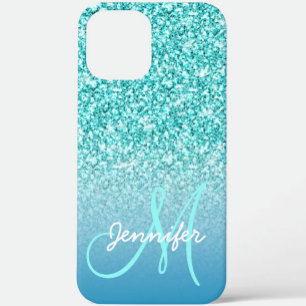 Capa Para iPhone 11 Girly Teal Faux Glitter Monograma Nome Personaliza