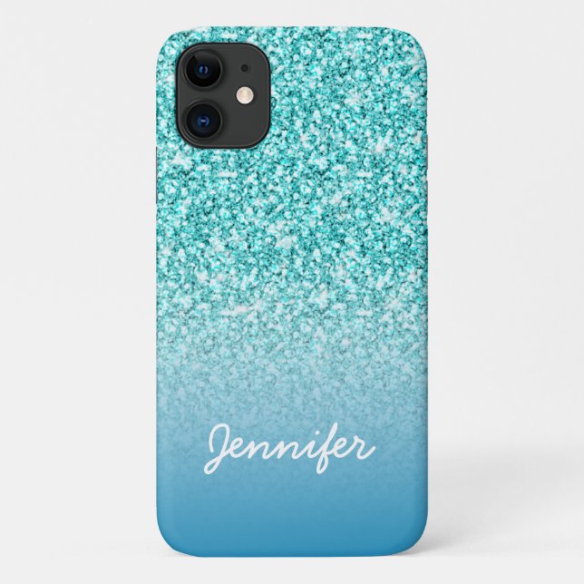 Capa Para iPhone 11 Girly Teal Glitter Monograma Nome Personalizado (Verso)