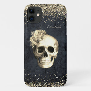 Capa Para iPhone 11 Glam Gótico Glitter Dourado Caveira