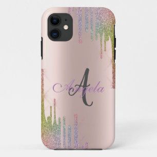 Capa Para iPhone 11 Glitter Arco-Íris moderno, Rosa Dourado,Monograma
