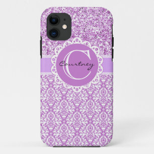 Capa Para iPhone 11 Glitter & Damask púrpura com nome e Cobrir inicia