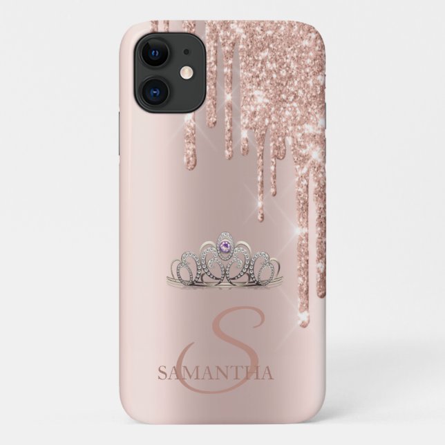 Capa Para iPhone 11 Glitter Dourado com Rosa de Tiara Chic Elegante (Back)