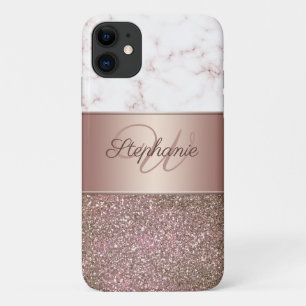 Capa Para iPhone 11 Glitter Dourado Rosa e Monograma de Mármore