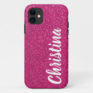 Capa Para iPhone 11 Glitter Girly Hot Pink Name Personalizado Case-Mat