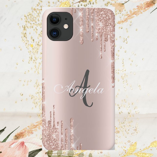 Capa Para iPhone 11 Glitter Moderno - Rosa Dourado,Monograma (Criador carregado)